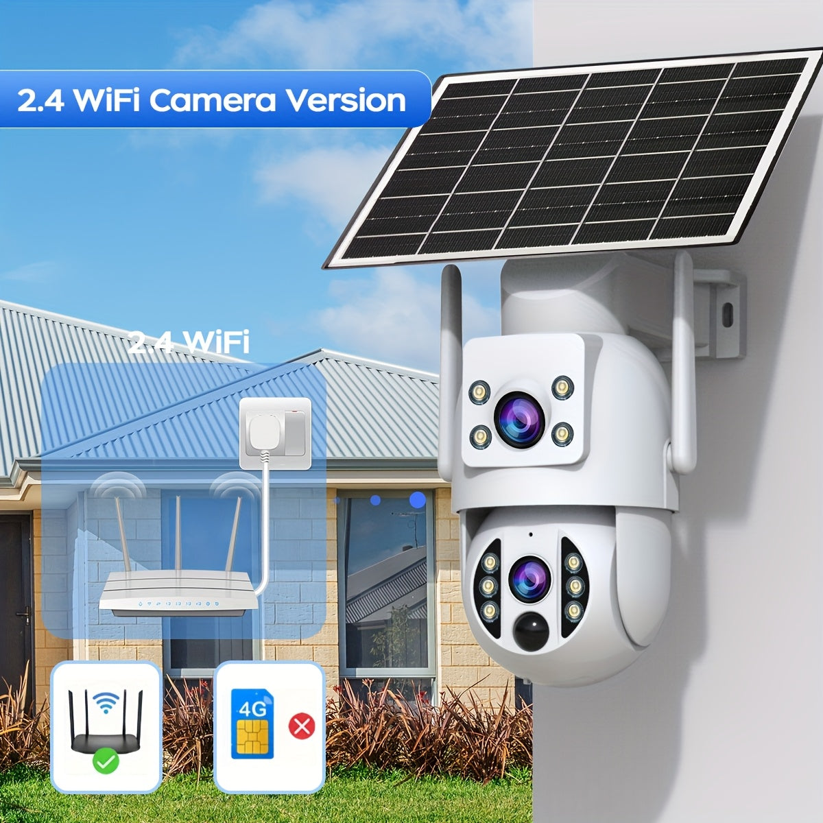 Solar Security Camera Outdoor 360 Degree PTZ 1296P HD Dual Lens Color Night Vision Two-Way Audio Motion Detection WiFi SD Storage Rechargeable Battery Wall Mount