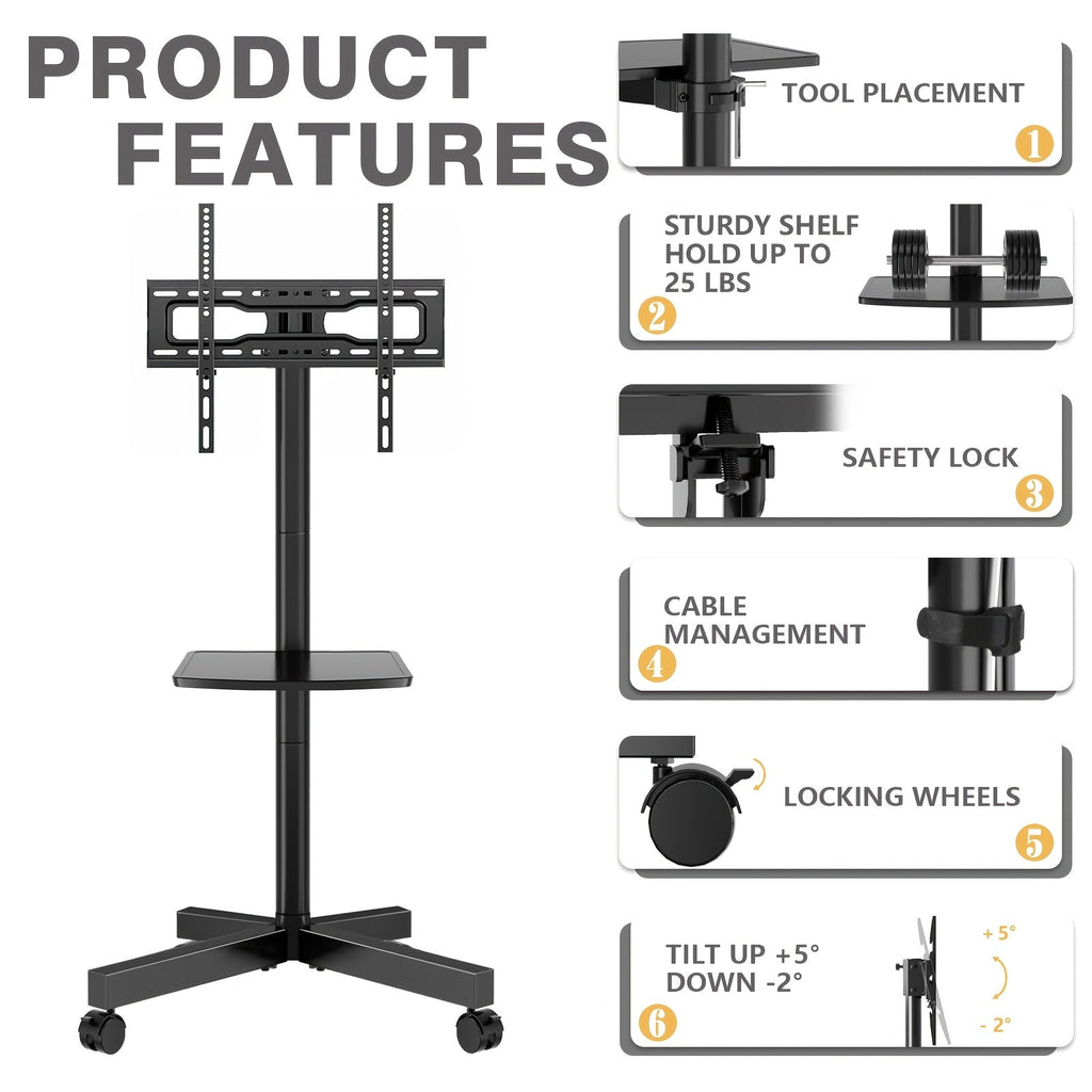 Rolling TV Stand Cart on Wheels for 23-60 Inch TVs Height Adjustable 88lb VESA 400x400 Media Shelf 360 Locking Wheels No Wall Drilling Mobile TV Mount