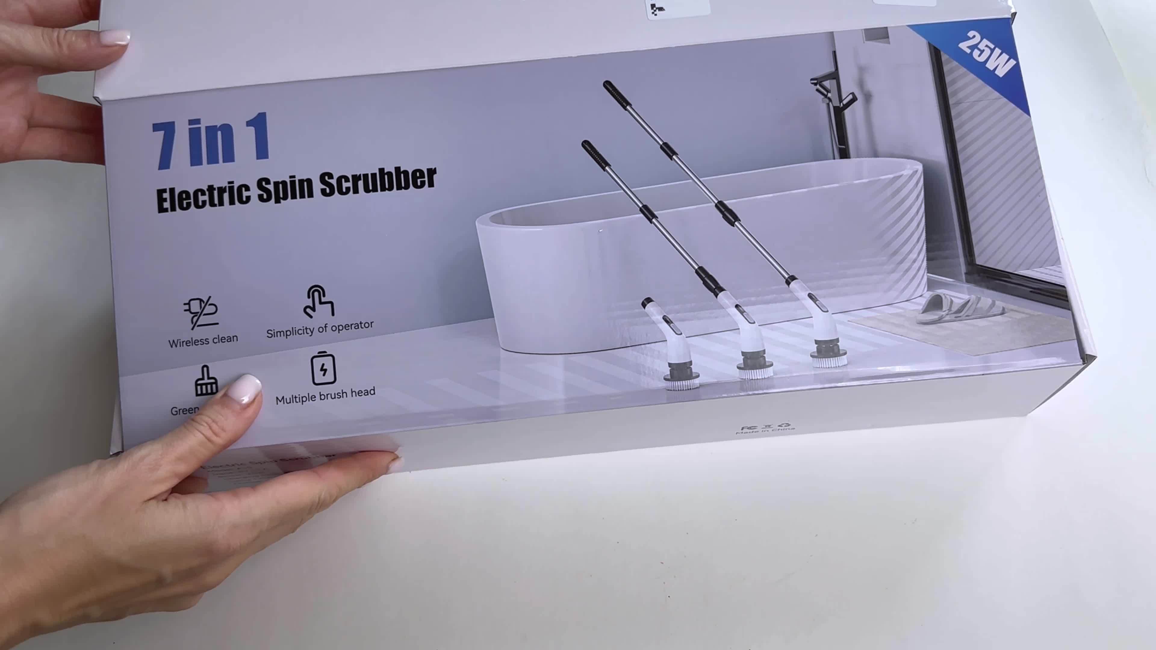 Electric Spin Scrubber Cordless with 7 Replaceable Brush Heads – Dual Adjustable Speeds Adjustable Detachable Handle for Bathroom Tub Tile Grout Floor Shower Kitchen Cleaning, White & Black