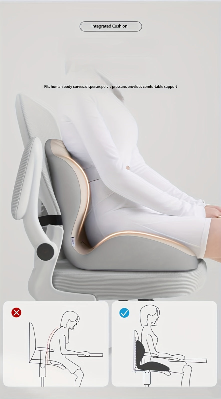 Memory Foam Seat Cushion with Ergonomic Raised Back & Hollow Breathable Design – Coccyx Tailbone Pain Relief Cushion for Office Chair, Car Seat, Wheelchair & Home, Non-Slip Buttock Cushion