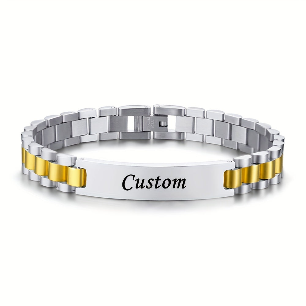 Men's Personalized Stainless Steel Bracelet Custom Letter Engraving Punk Style – 304L Hypoallergenic Wrist Jewelry 4 Colors Steel Gold Black, Birthday Father's Day Gift for Him Boyfriend Dad