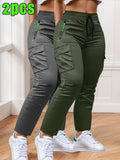 Women's Cargo Pants 2-Pack Multi-Pocket Slim Fit Straight Leg – Drawstring Waist Zip Pockets Casual Trousers for Outdoor Work Everyday Wear XS-XXL