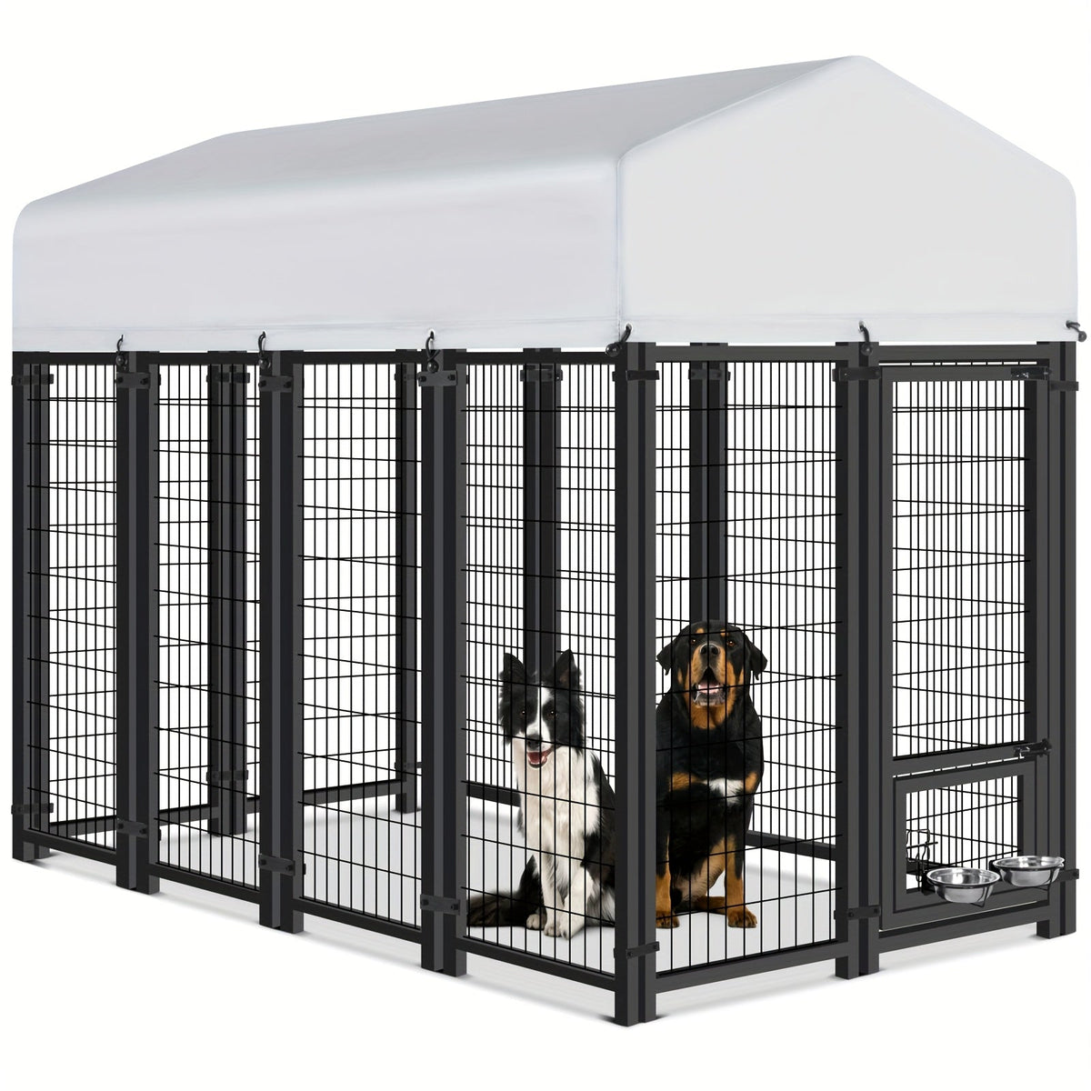 Large Dog Enclosure Outdoor Heavy Duty Welded Wire Steel Dog Playpen with UV-Resistant Roof Cover Secure Lock Pet Pen for Big Dogs Exercise Play Area Backyard Patio 3 Sizes