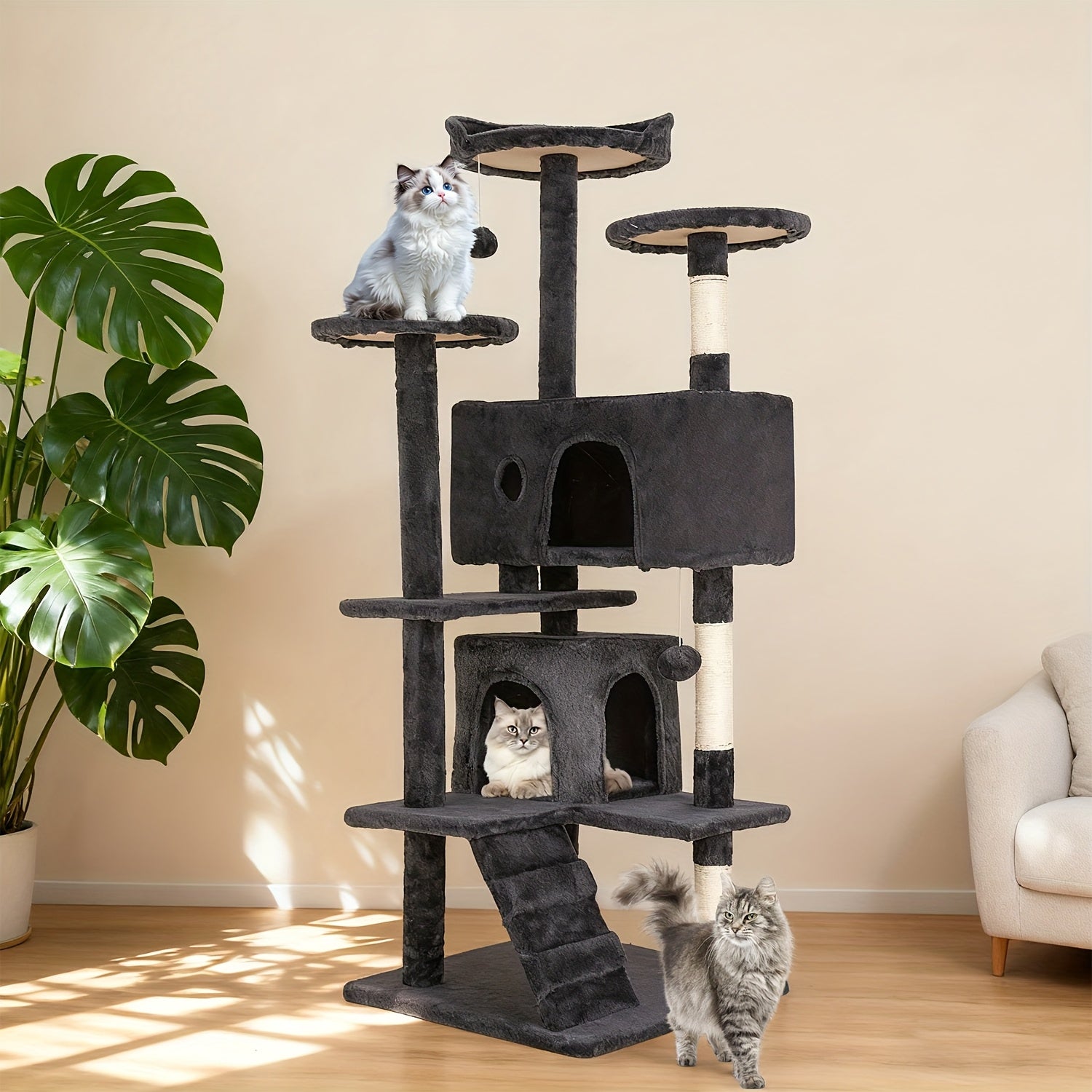 Multi-Level Cat Tree Tower with Scratching Post Perches & Plush Apartments – Space-Saving Indoor Cat Climbing Frame Activity Center, Heights 36-80 Inch, 6 Colors Beige Gray Pink