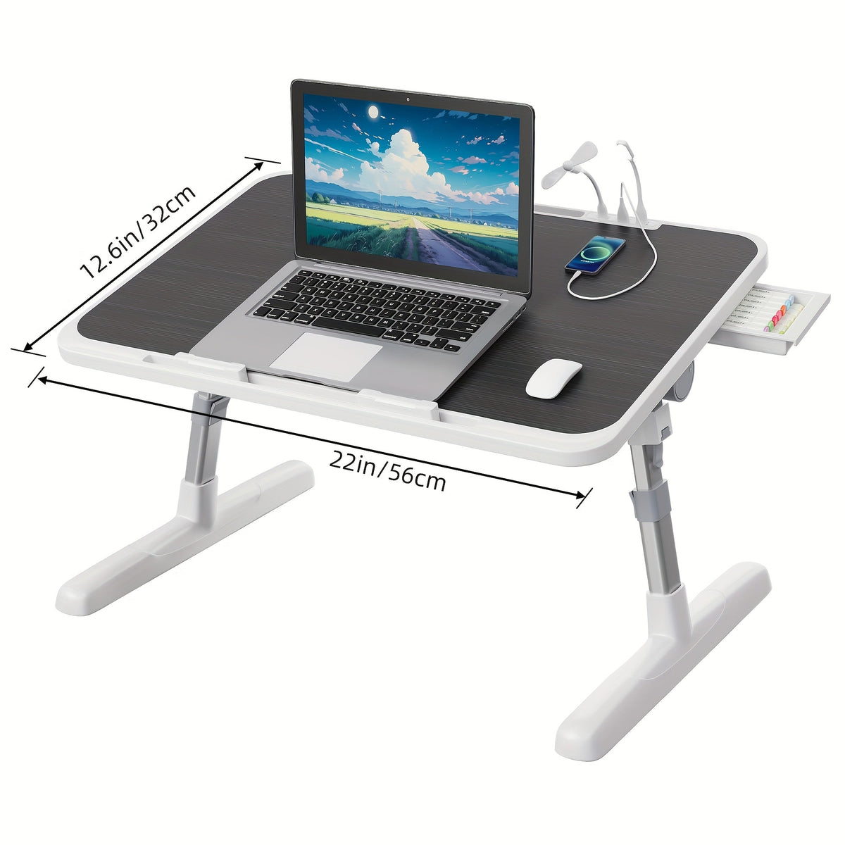 Lap Desk with USB Light Fan & Storage Drawer – Adjustable Portable Laptop Bed Tray Table for Bed Couch Sofa, Laptop Stand for Reading Writing Eating, 10 Colors & Sizes