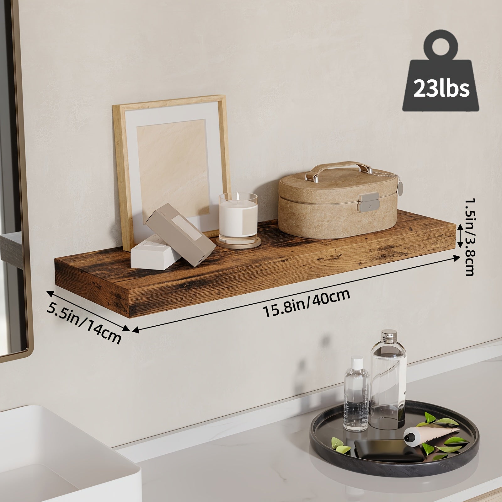Floating Wall Shelves 15.8 Inch Rustic Finish with Invisible Brackets for Wall Decor Home Storage – 4 or 8 Pack in Rustic Brown Black Walnut
