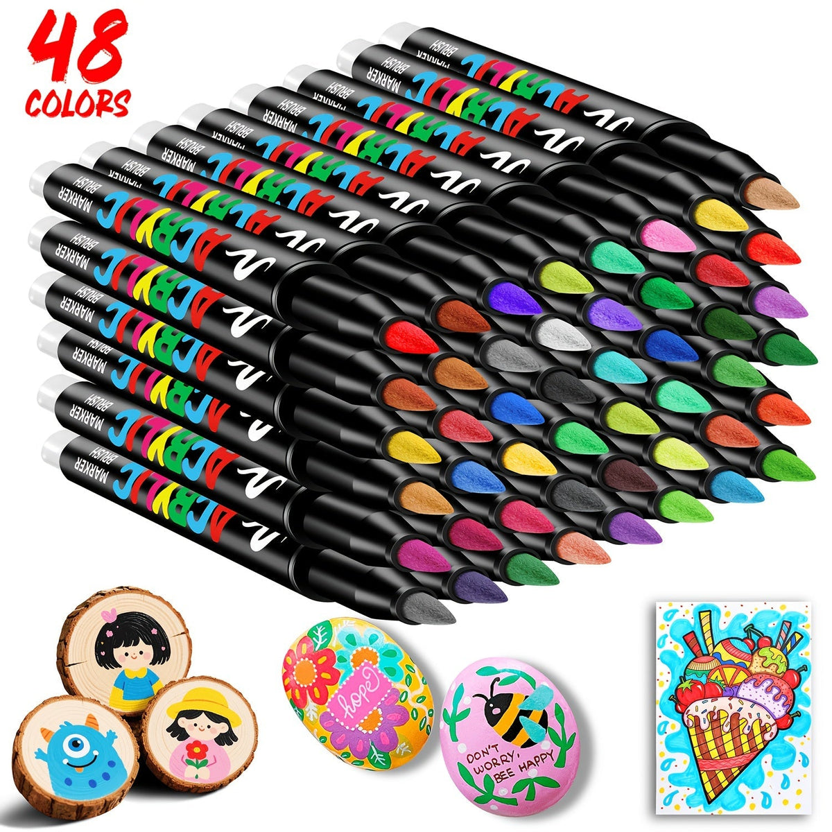 Acrylic Paint Markers 48 72 Colors Flexible Brush Tip Permanent Paint Pens Anti-Clog 1-8mm for Fabric Rock Glass Wood Canvas Ceramic Plastic Metal Art Craft School Gift