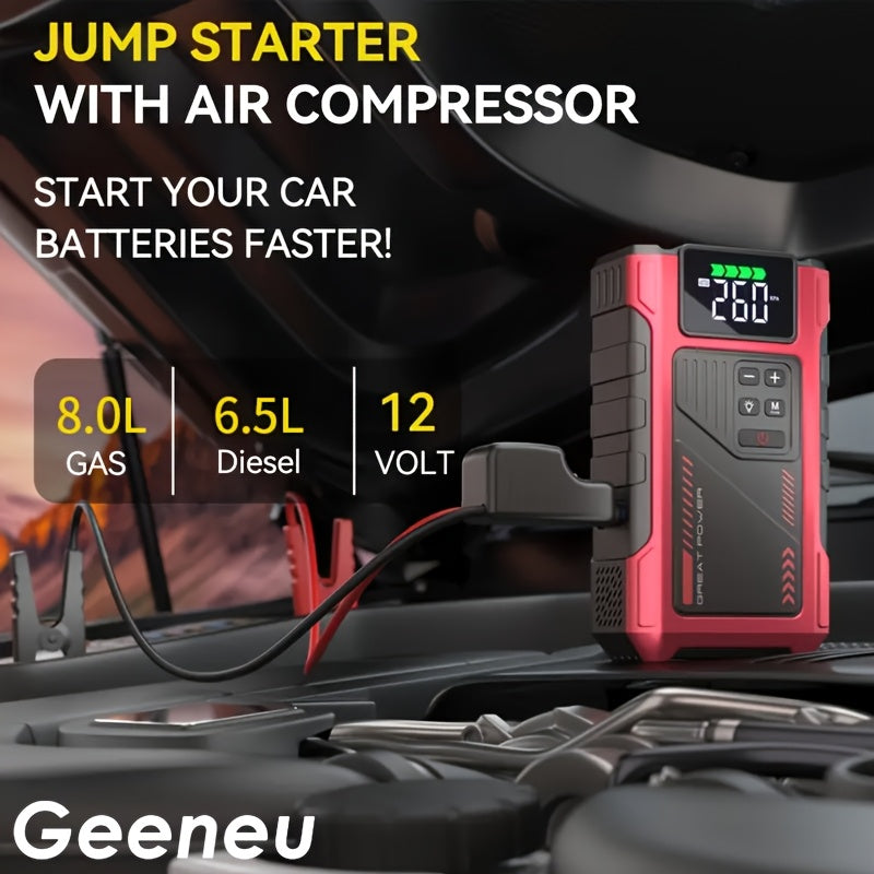 4000A Car Jump Starter with Air Compressor, 150PSI Tire Inflator & LED Light, Portable 12V Battery Jump Starter Pack for Gas 8.0L / Diesel 6.5L Engines – Car Emergency Kit