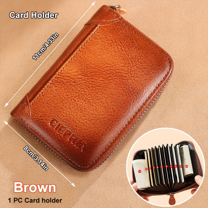 RFID Blocking Genuine Leather Wallet Men Trifold Cowhide Vintage 9 Card Slots 2 ID Windows Money Clip Cash Slots Father's Day Birthday Gift for Dad Husband Brown Black Blue