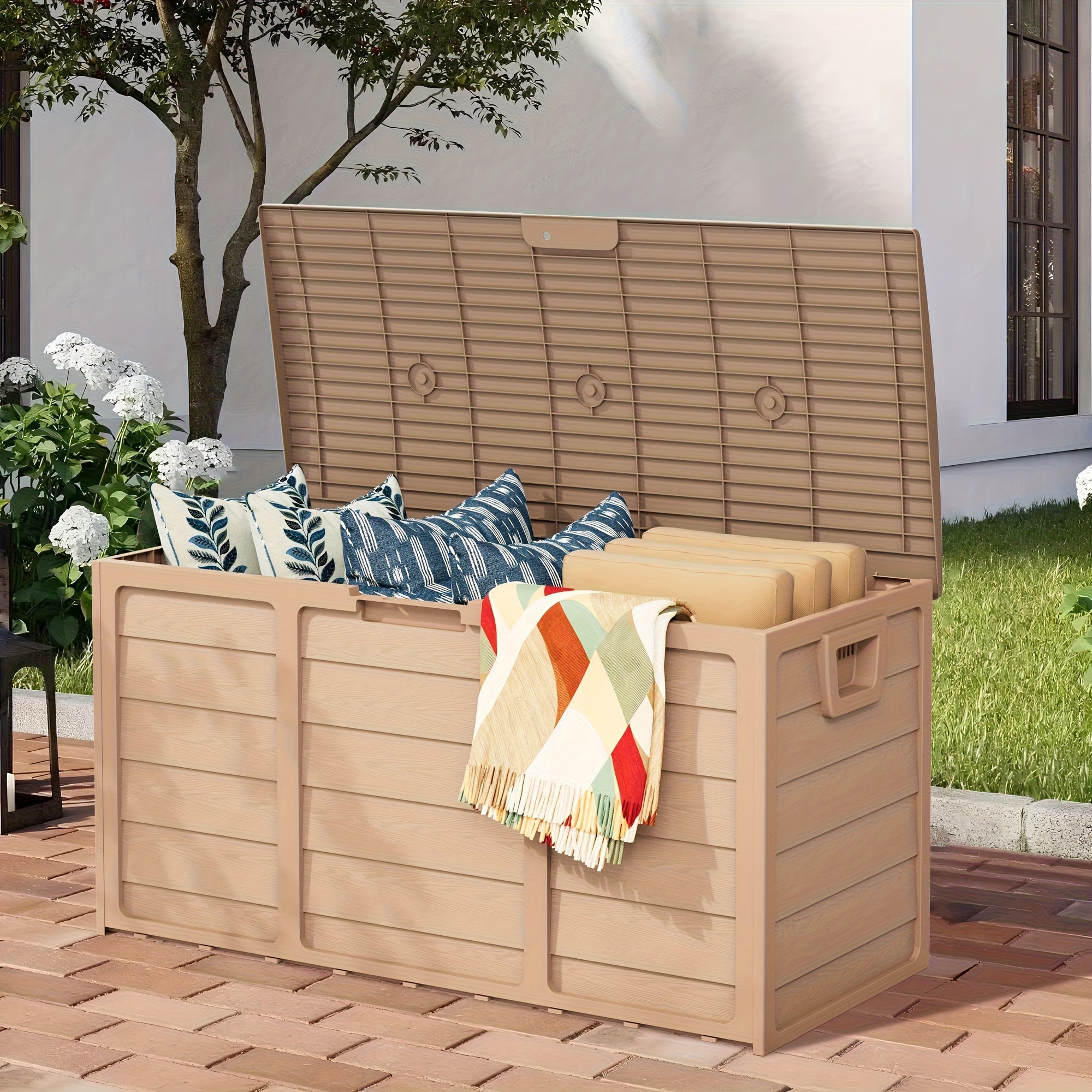 75 Gallon Resin Outdoor Storage Box with Handles Weatherproof Deck Box for Pool Accessories Garden Tools Patio Backyard