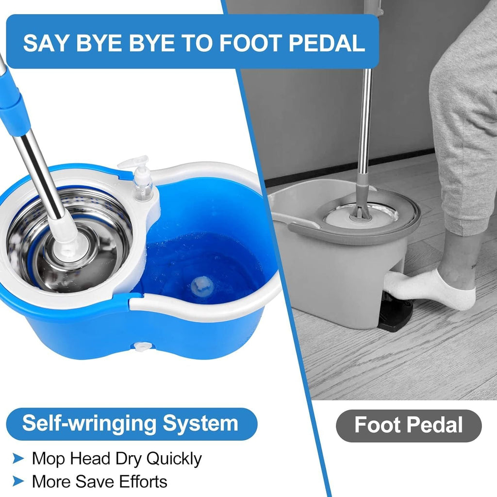 360° Spin Mop and Bucket Set with Wringer – Microfiber Mop Refills Stainless Steel Extended Handle Separate Compartment Floor Cleaning System for Hardwood Tile Laminate, Upgrade Option with 2 Refills