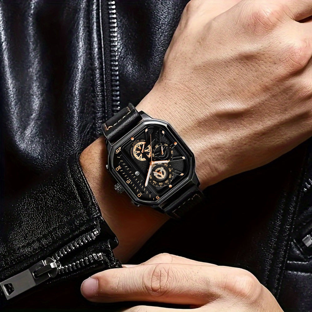 2pcs Men's Watch Set Sports Triangle Dial Silicone Strap and Retro Square Dial Quartz Watches with Date Display Dress Watch for Casual Valentine's Father's Day Gift