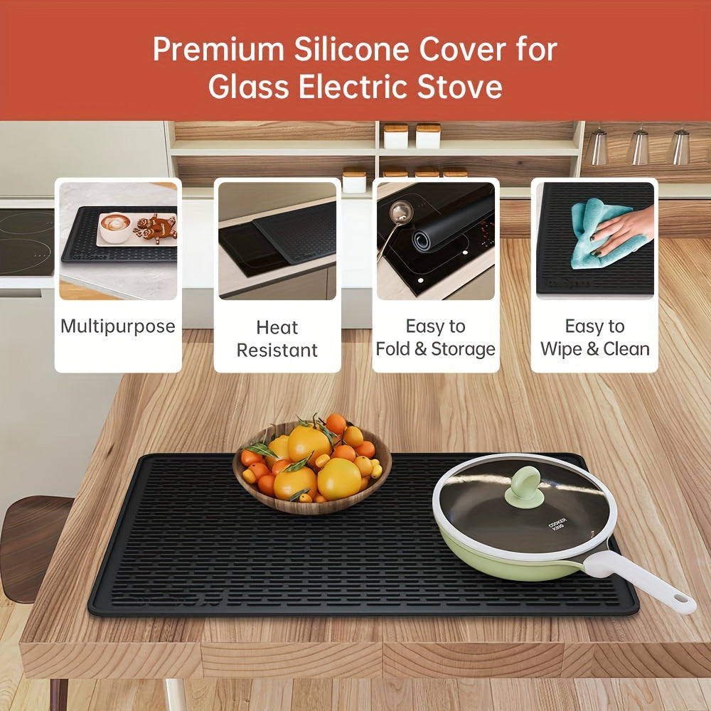 Silicone Electric Stove Top Cover Mat 28 x 20 Inch Heat Resistant Up to 450F Non-Slip Washable Ceramic Glass Cooktop Protector Extra Large Flat RV Range Cover Multipurpose Kitchen Mat Black