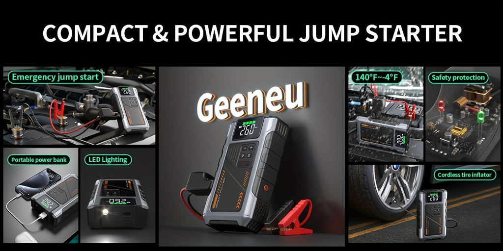 9 in 1 Portable Jump Starter with Air Compressor for 12V Cars Up to 8.0L Gas 6.5L Diesel Battery Booster Pack Tire Inflator USB Power Bank LED Emergency Light Safety Hammer Roadside Kit