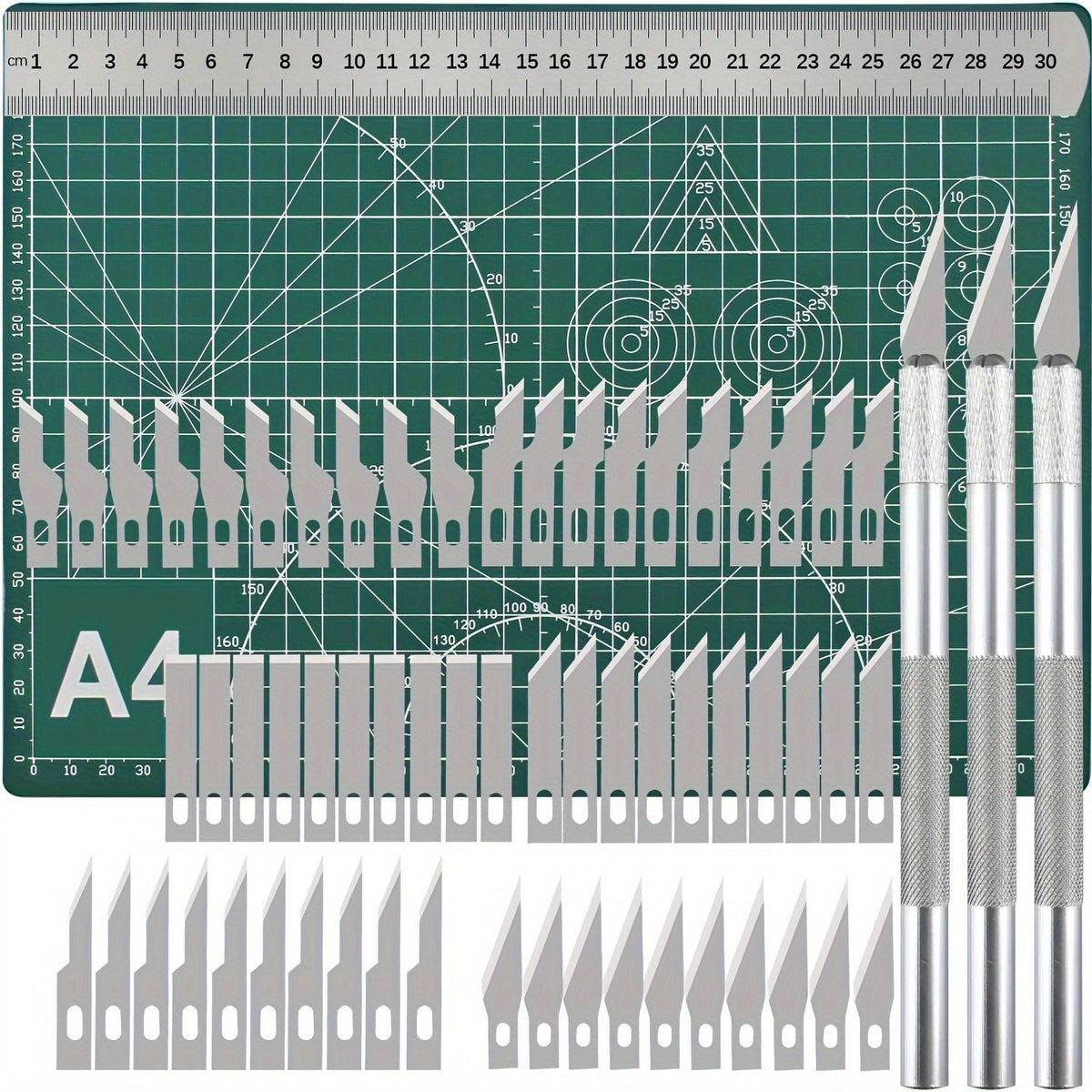 65-Piece Exacto Knife Craft Cutting Kit with A4 Self-Healing Cutting Mat – Precision Stencil Knife, Replacement Blades & Rulers for Paper Modelling DIY Scrapbooking Art Card Making