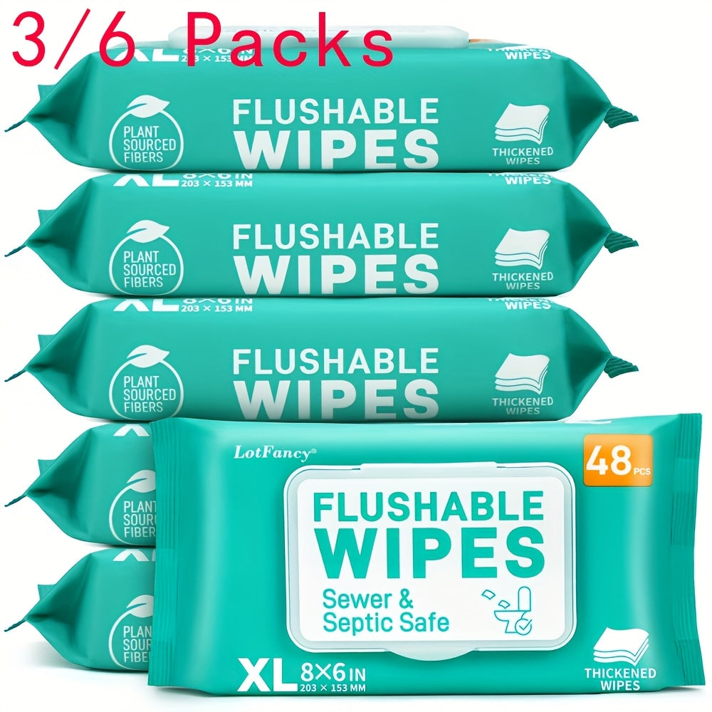 Flushable Wet Wipes Extra Large 30% Thicker – 144 or 288 Count (3-Pack or 6-Pack x 48ct), Alcohol-Free Plant-Based Septic & Sewer Safe, Sensitive Skin Baby Toddler Adult Incontinence Personal Care