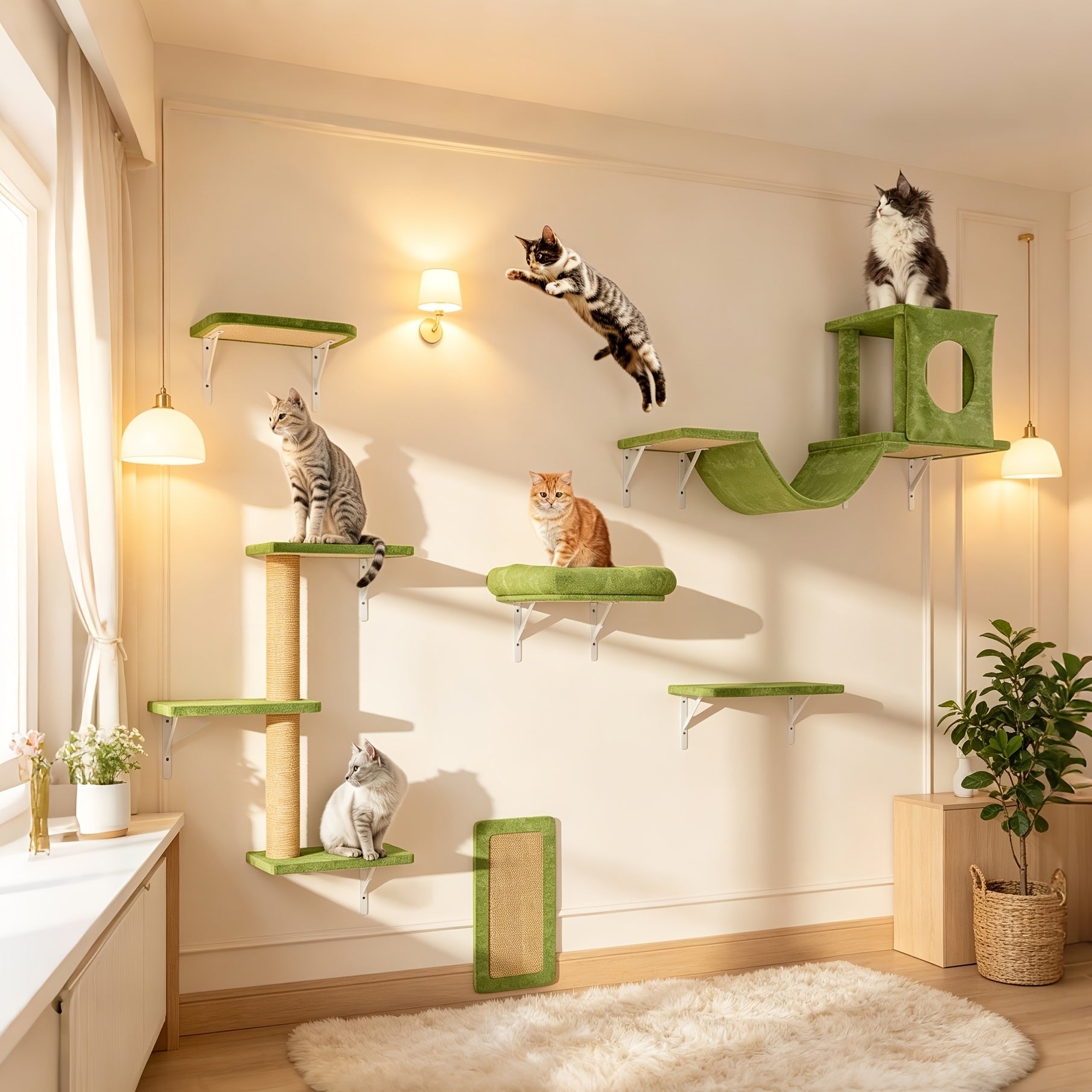 Wall Mounted Cat Climbing Shelf Set 7-Piece Deluxe Indoor Cat Furniture with Condo Scratching Post Bridge Ladder Tunnel – Space-Saving Cat Wall Playground for All Cat Sizes