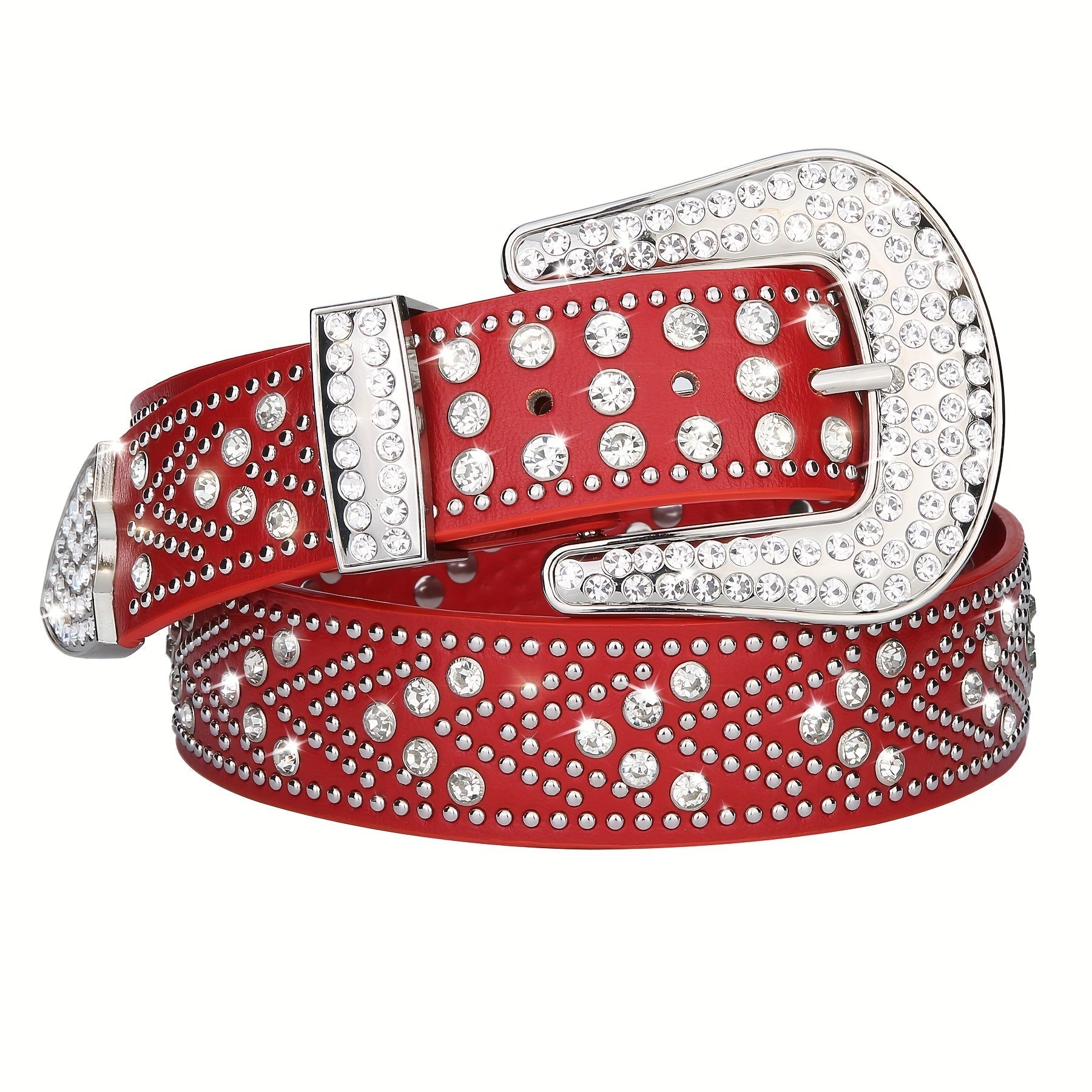 Studded Rhinestone Belt for Men & Women – Y2K Western Cowboy Cowgirl Bling Faux Leather Belt Gold Metal Buckle Punk Style 4 Colors Sizes 28 32 36 40 44 Festival Party Streetwear