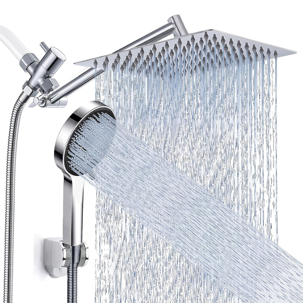 High Pressure Rainfall Handheld Shower Head Combo 8 10 12 Inch Extension Arm 9 Spray Settings 180 Degree Adjustable Anti-Leak Silicone Nozzles for Home Bathroom Upgrade Chrome Matte Black