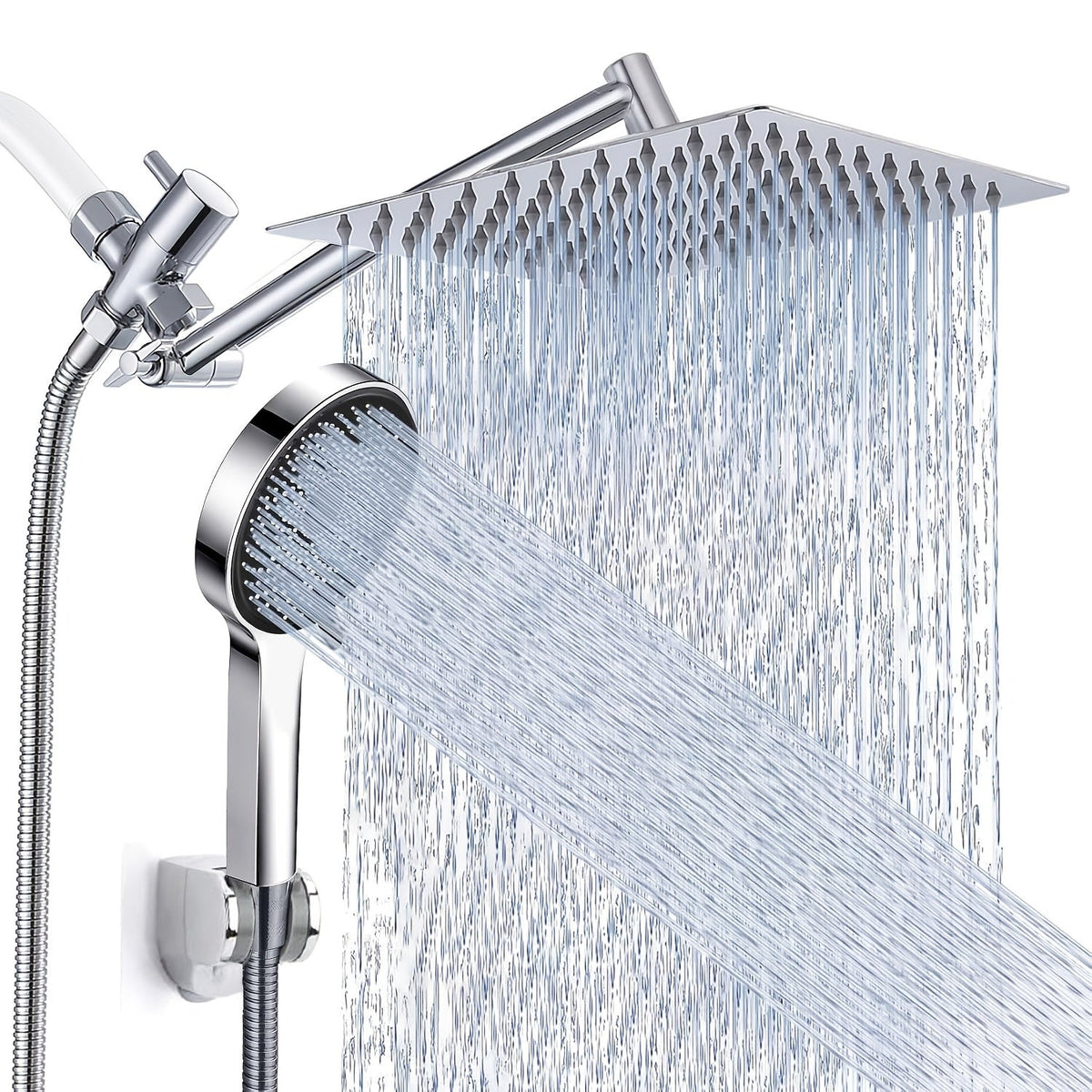 High Pressure Rainfall Handheld Shower Head Combo 8 10 12 Inch Extension Arm 9 Spray Settings 180 Degree Adjustable Anti-Leak Silicone Nozzles for Home Bathroom Upgrade Chrome Matte Black