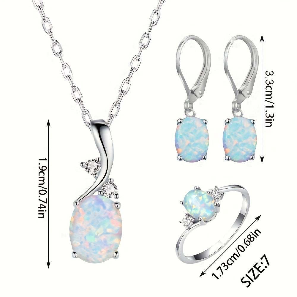 925 Silver Opal Water Drop 4pcs Jewelry Set for Women – Elegant Boho Necklace, Earrings & Ring Set, Luxury Party Jewelry with Iridescent Opal Pendant, Sizes 7-9