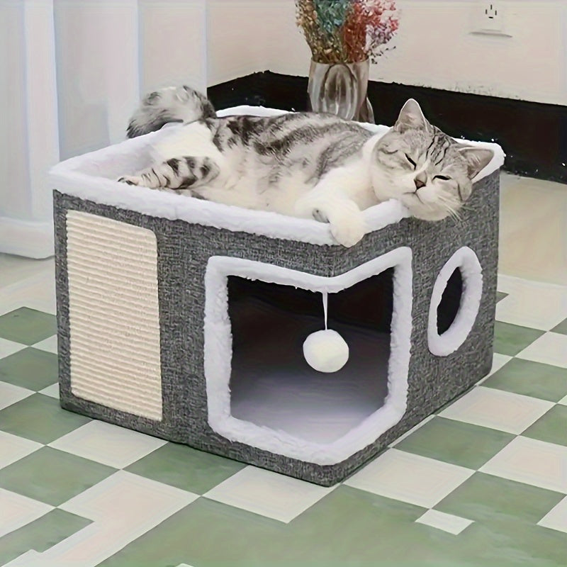 Multi-Layer Cat House with 2-Tier Bed, Toy Tunnel, Foldable Scratching Post & Cozy Mat – All-Season Indoor Cat Condo with Plush Hanging Ball, Nylon Frame & Canvas, Foldable Design