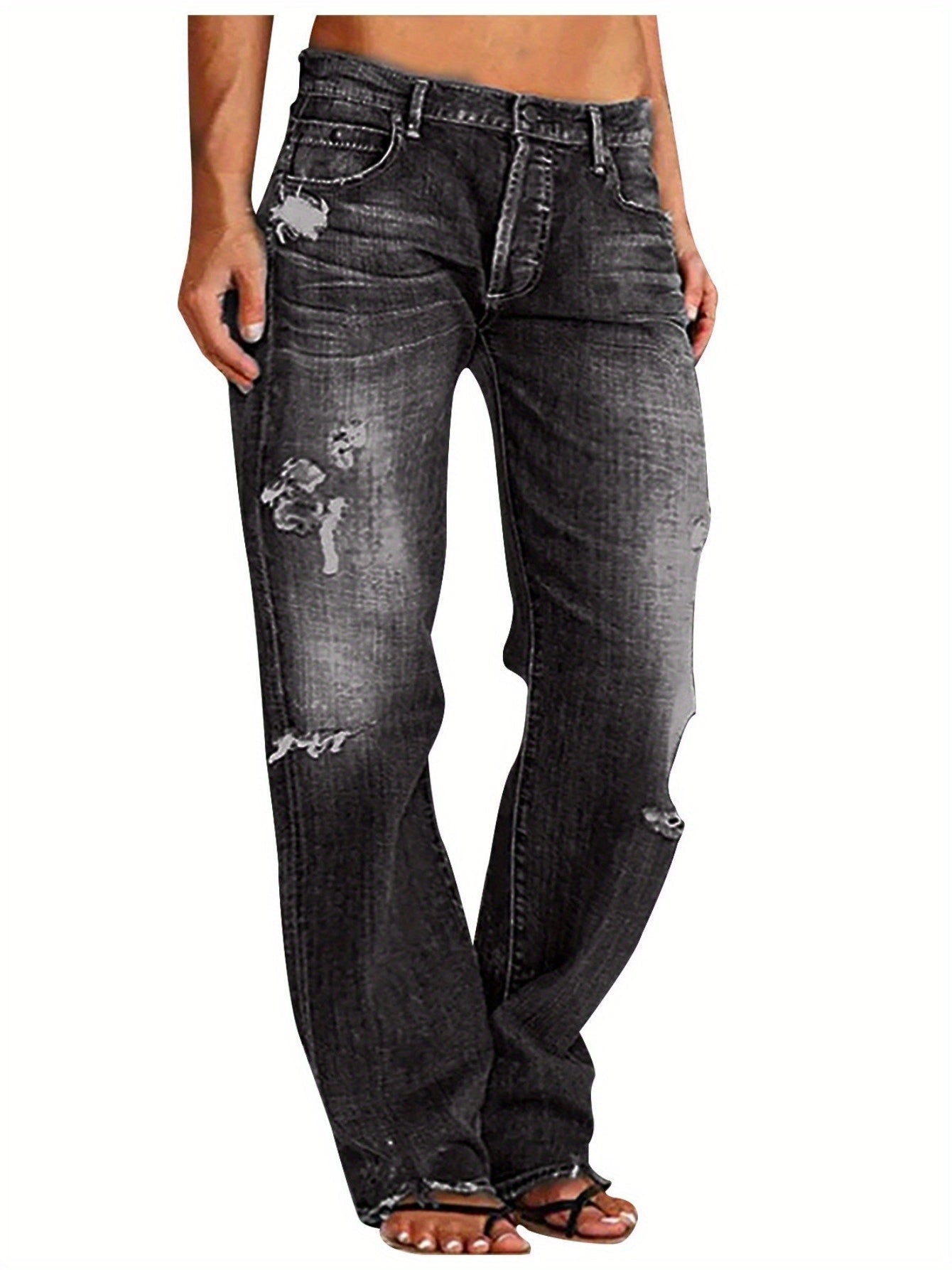 Ripped Flare Wide Leg Jeans Women Distressed Stretch Denim Fashion Streetwear Casual Pants Light Blue Dark Blue XS-XXL