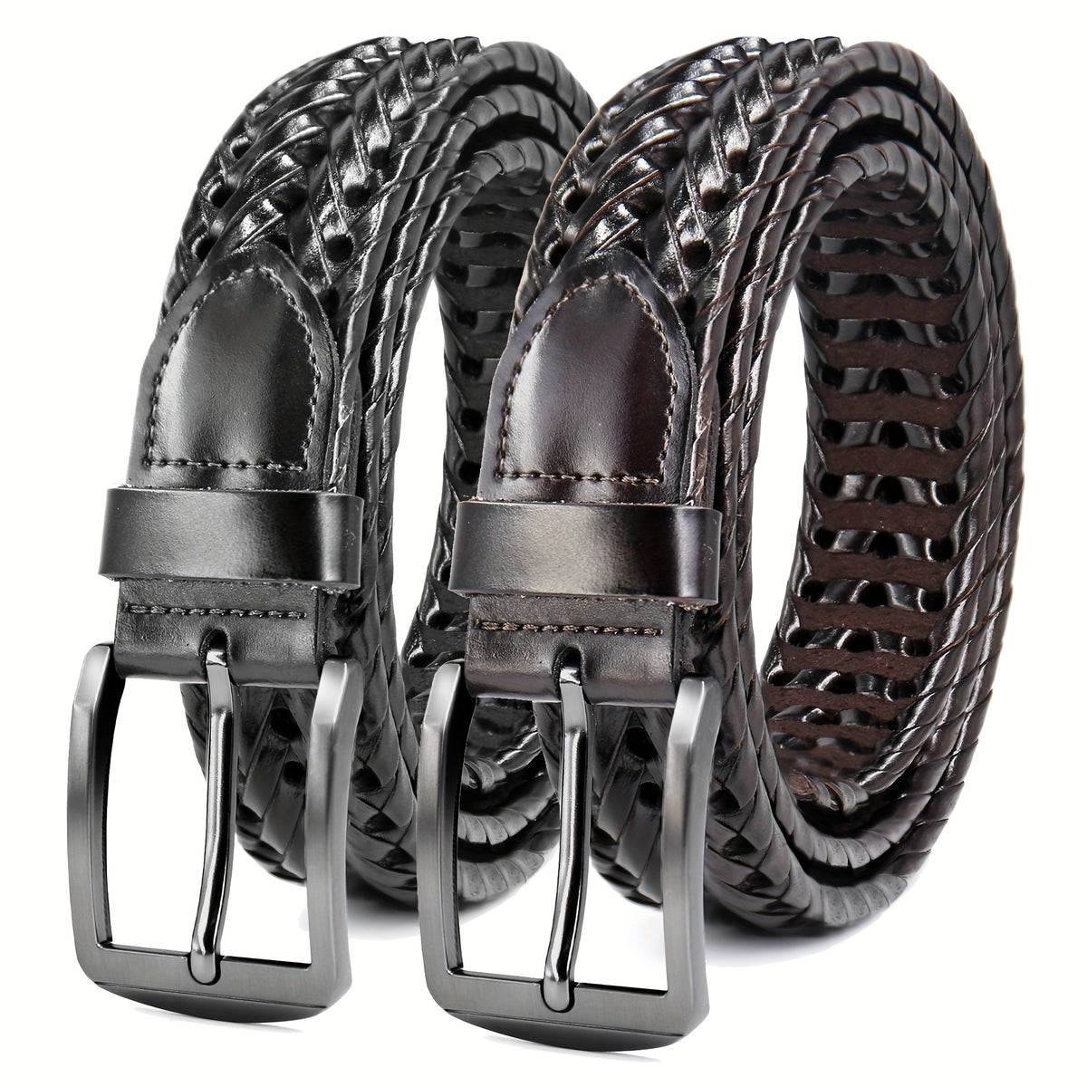 Men's Leather Braided Belt 2 Pack - Casual Dress Belt for Golf Pants Jeans Everyday Wear Zinc Alloy Buckle Multiple Colors Sizes 34-50