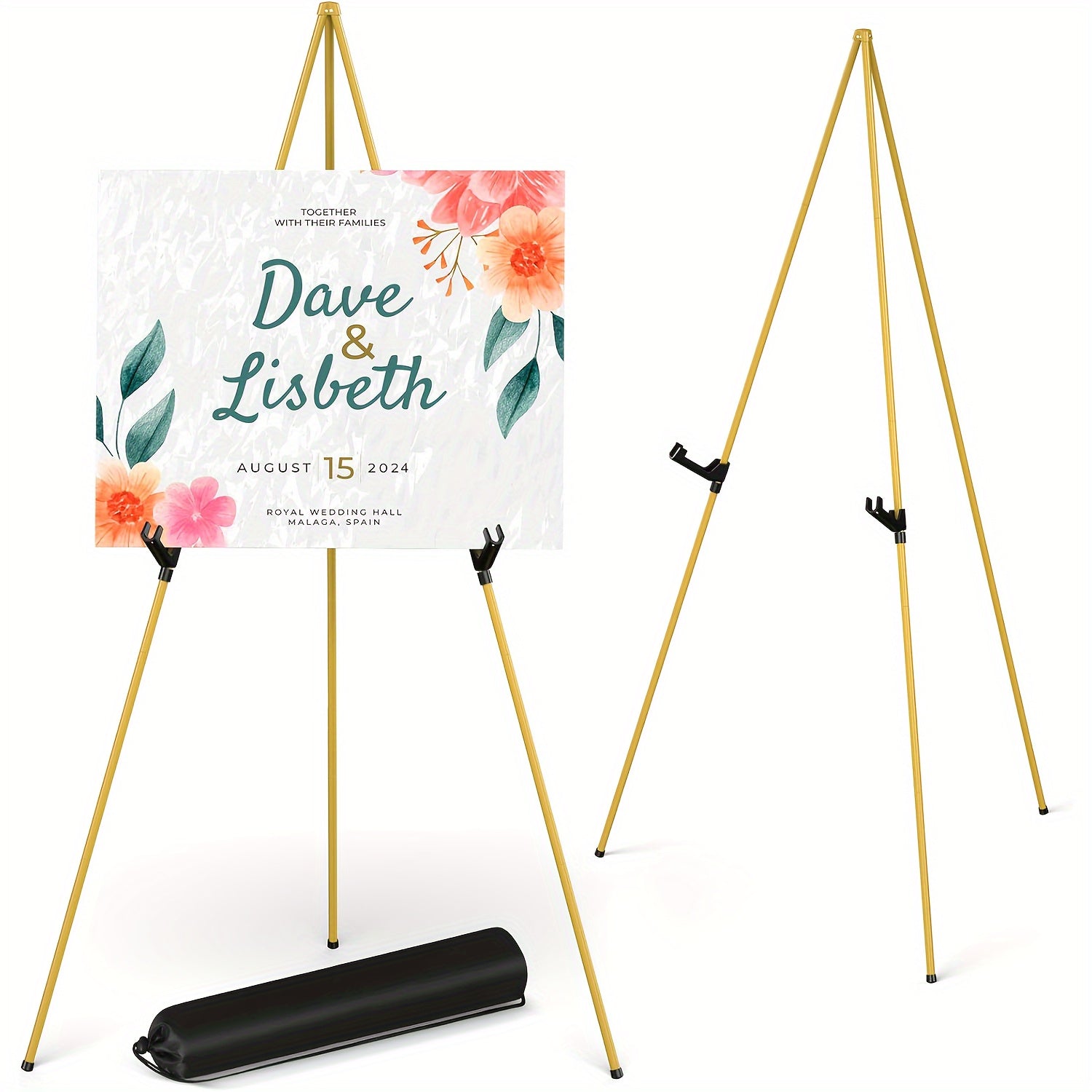 63 Inch Portable Tripod Easel Stand Foldable with Carrying Bag – Adjustable Metal Floor Easel for Wedding Signs Art Posters Painting Trade Shows Events – Black White Gold Silver Pink Single 2-Pack 3-Pack