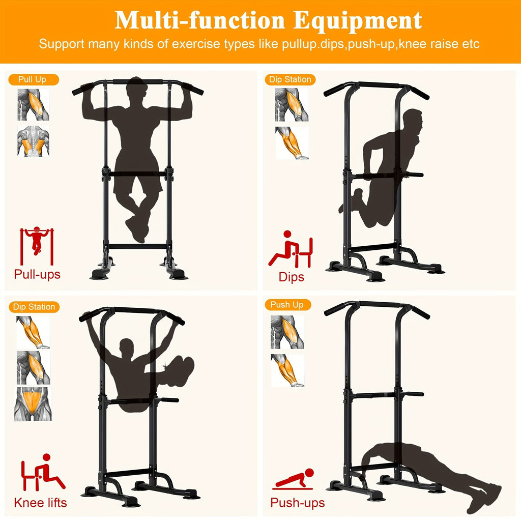 Adjustable Power Tower Dip Station Pull Up Bar for Home Gym 10 Height Levels 65-82.7 Inch 330LBS Capacity 6 Exercise Positions Full Body Strength Training Black Red Yellow Blue Pink Orange
