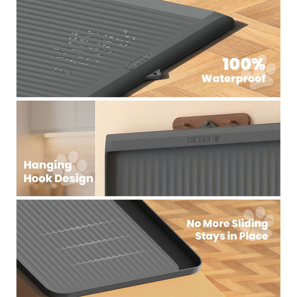 36"x24" Waterproof Pet Feeding Mat Large Non-Slip Dog & Cat Food Mat – Raised Edges, Diversion Grooves, Easy Clean Bowl Mat for Food & Water, Grey