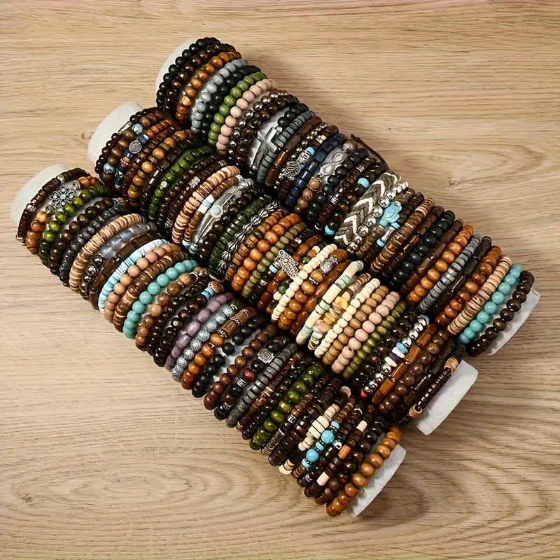 Boho Wooden Beaded Bracelet Set 36 Pack Bulk – Handmade Assorted Vintage Style with Zinc Alloy Charms for Women Men Teens, Bulk Jewelry for Gifts Party Favors & Events