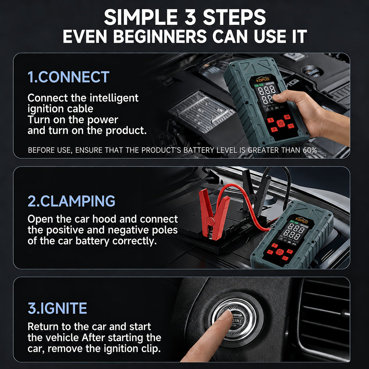 Portable Car Jump Starter 20000A Peak 7-in-1 with 150PSI Air Compressor Tire Inflator Power Bank LED Flashlight LCD Display Safety Hammer for 12V Gas Diesel Engines Roadside Emergency Kit
