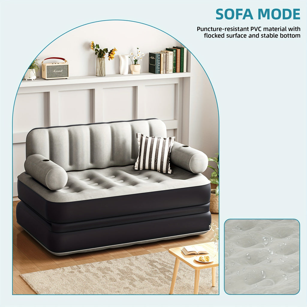 Inflatable Air Sofa Bed 2-in-1 Queen Size – Portable Blow Up Couch & Airbed with Headboard, Cup Holders, External Pump & Storage Bag, 440 lb Capacity for Home, Camping, Guests & Dorms