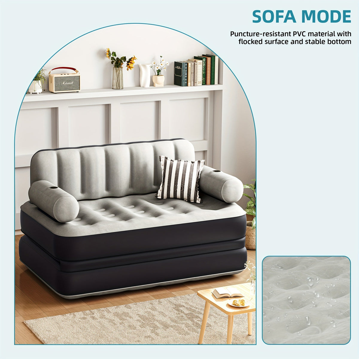 Inflatable Air Sofa Bed 2-in-1 Queen Size – Portable Blow Up Couch & Airbed with Headboard, Cup Holders, External Pump & Storage Bag, 440 lb Capacity for Home, Camping, Guests & Dorms