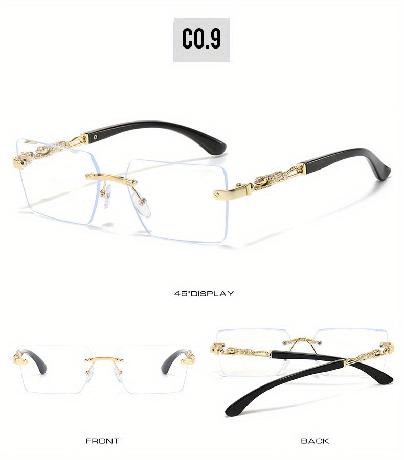 Unisex Rimless Leopard Sunglasses - UV400 Narrow Rectangular Frameless Shades in Black & Gold, Premium Fashion Eyewear for Men & Women, Includes Case & Cloth, Great for Parties Travel & Festivals