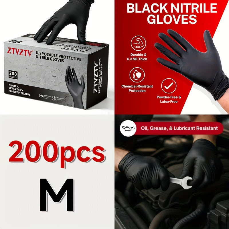 Black Nitrile Disposable Gloves 200 Pack Latex-Free Chemical Resistant High-Density Flexible Fit Industrial Grade for Cleaning Tattooing Painting Car Washing – S M L XL