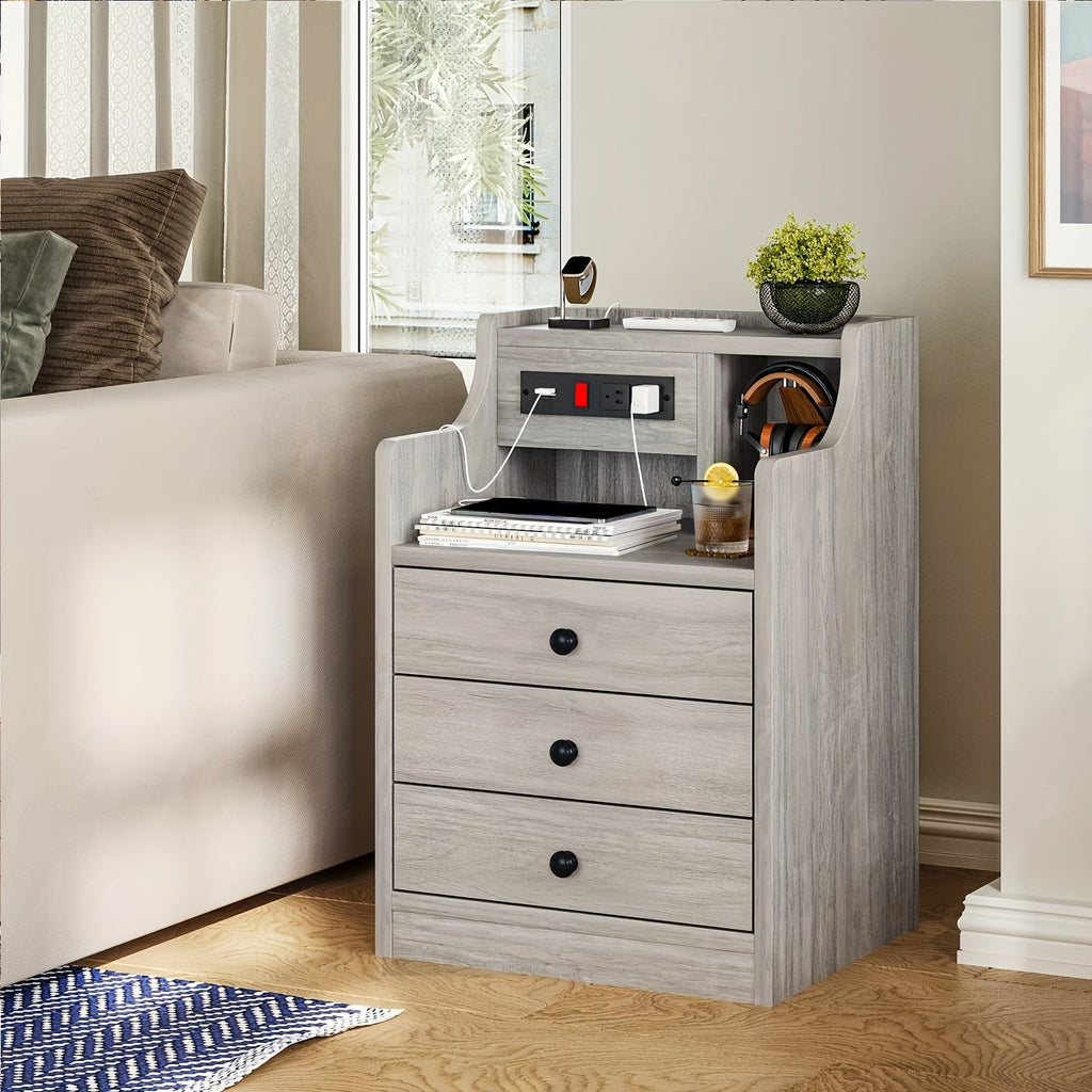 Nightstand with Charging Station 2 USB Ports 2 Outlets - 3 Drawers Hutch Bedroom End Table Sofa Side Table for Living Room Office Gray White 14x17.7x26.8 Inch
