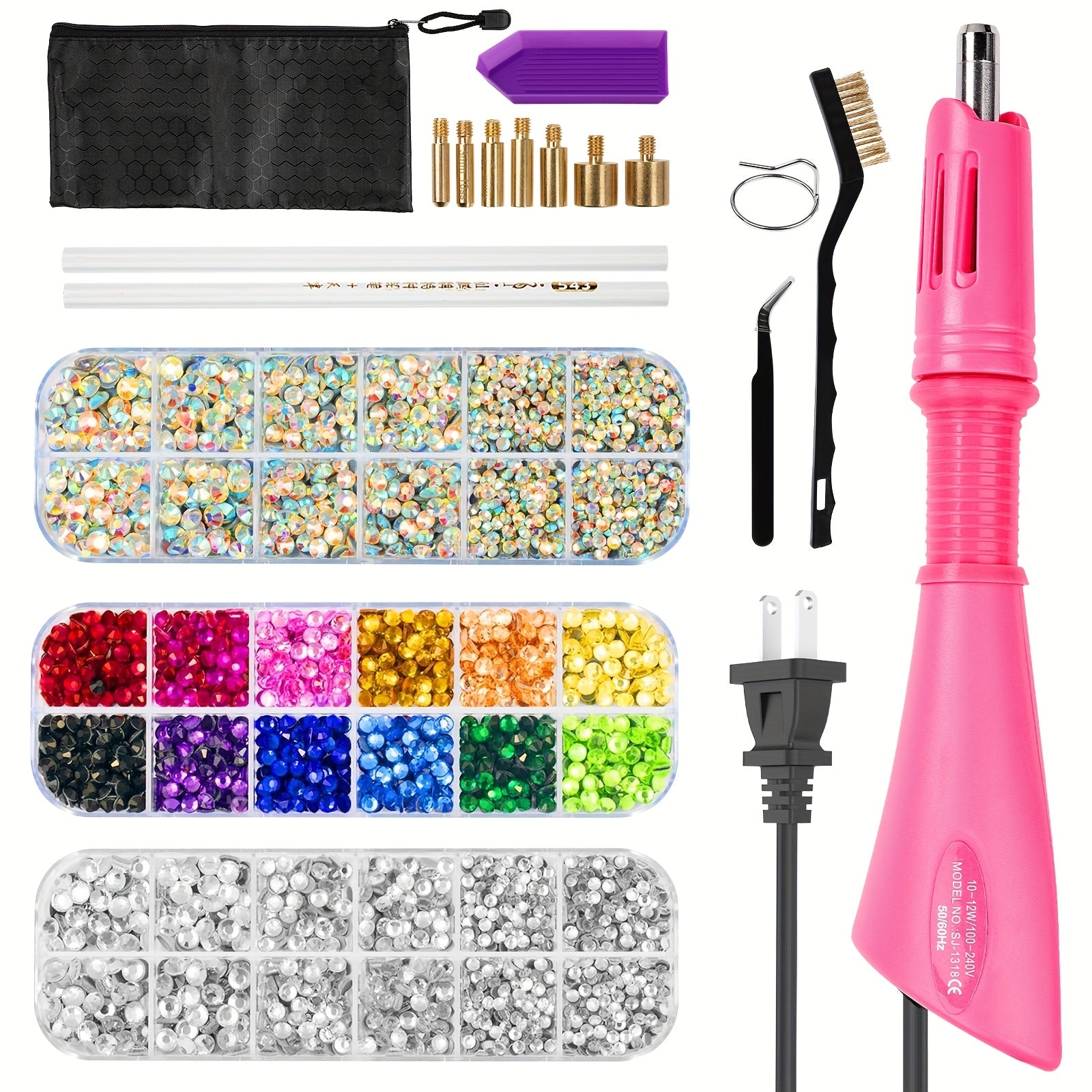 Hotfix Rhinestone Applicator Kit Complete Bedazzling Set with Wand 7 Tips Multi-Color Crystal Rhinestones Tweezers Wax Pens Storage Bag DIY Bling Tool for Clothing Fabric Leather Shoes Bags Crafts