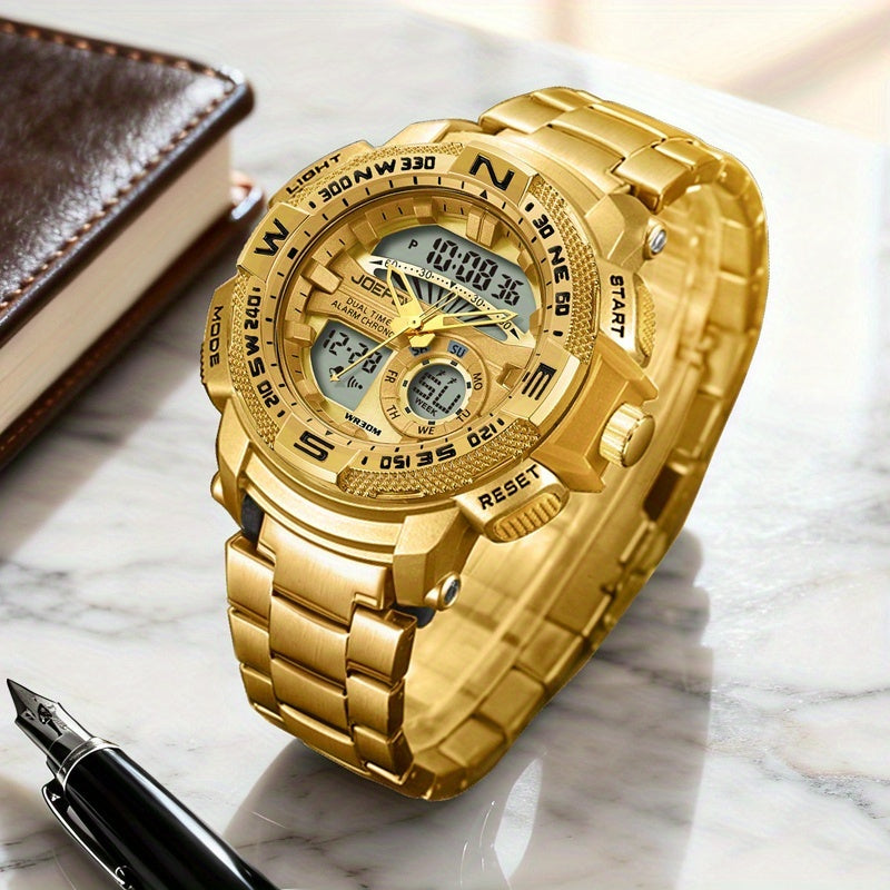 Dual Display Sport Watch for Men Large Face – LED Night Light 3ATM Waterproof Chronograph Alarm Calendar Field Military Style Wristwatch Gold Silver, Perfect Gift for Him