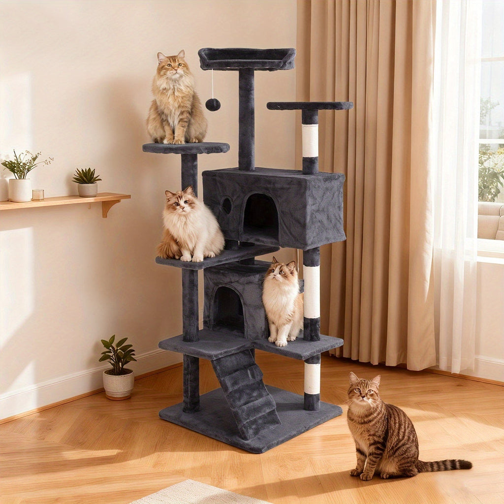 Multi-Level Cat Tree Tower with Scratching Post Perches & Plush Apartments – Space-Saving Indoor Cat Climbing Frame Activity Center, Heights 36-80 Inch, 6 Colors Beige Gray Pink