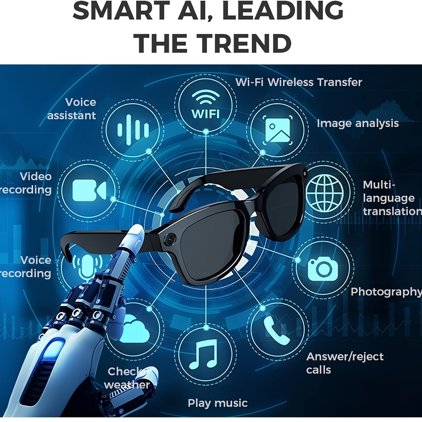 4K AI Smart Glasses with Camera – Real-Time Translation, Object Recognition, Open-Ear Audio, Touch Control, 8-Hour Battery, USB-C Charging, Ultra-Light for Outdoor, Work & Travel