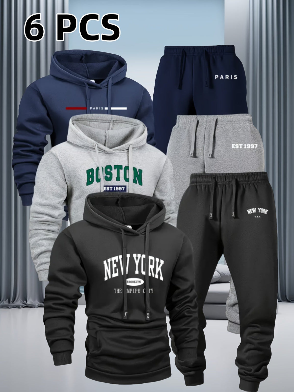 Men's 6-Piece Tracksuit Set Hoodie & Jogger Pants - City Print Street Style Sportswear for Jogging Outdoor Fitness Casual Wear S-XXL