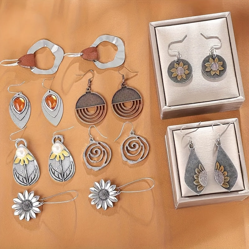 9-Pair Bohemian Geometric Earrings Set for Women – Wooden Leather Retro Sunflower Circular Multicolor Boho Dangle Earrings Gift Set Girls Ladies Festival Daily Wear Christmas Birthday