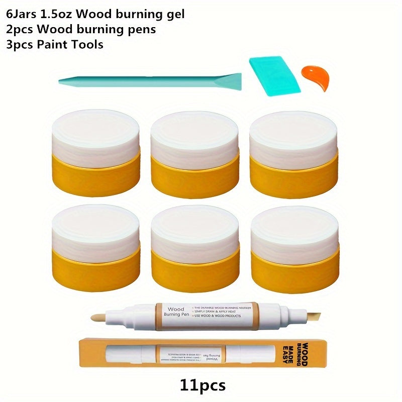 Wood Burning Paste Kit Heat Activated Pyrography Gel Set with Burning Pens Squeegee Tools, 6 Jars 1.5OZ Etching Cream for Wood Canvas Denim Fabric, DIY Craft Kit for Beginners Artists Adults