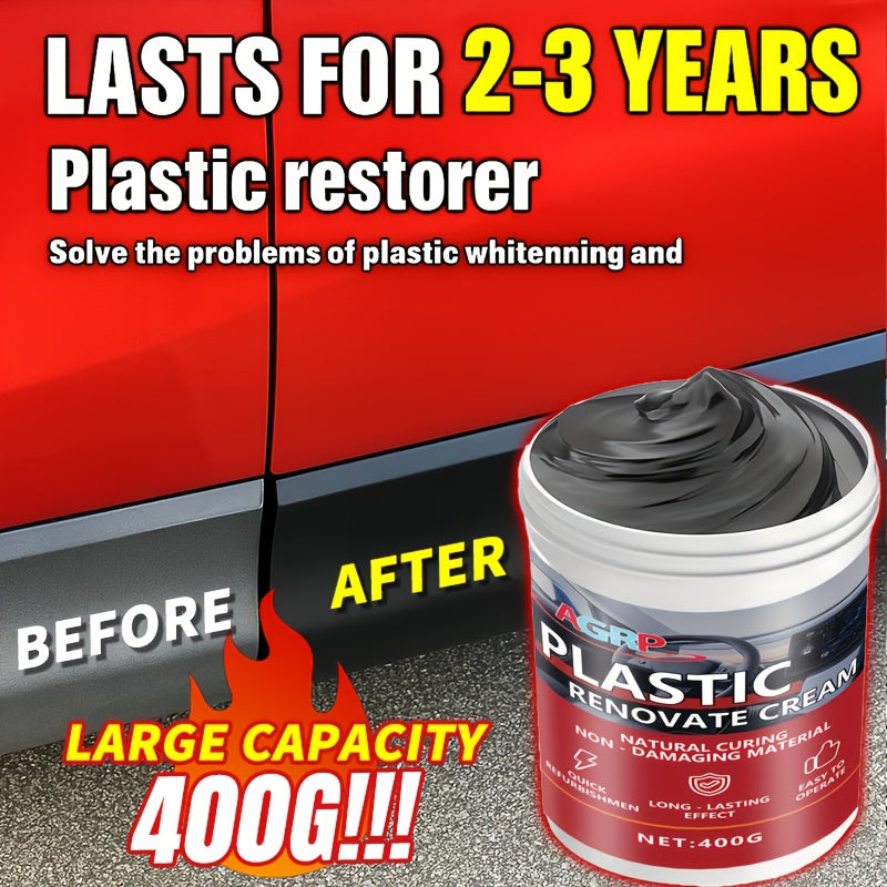 Car Plastic Trim Restorer Wax 400g – High Gloss UV-Resistant Polish for Dashboard Bumper Tire & Exterior Trim, Anti-Fade Interior & Exterior Car Detailing Paste, Non-Greasy Fast-Drying