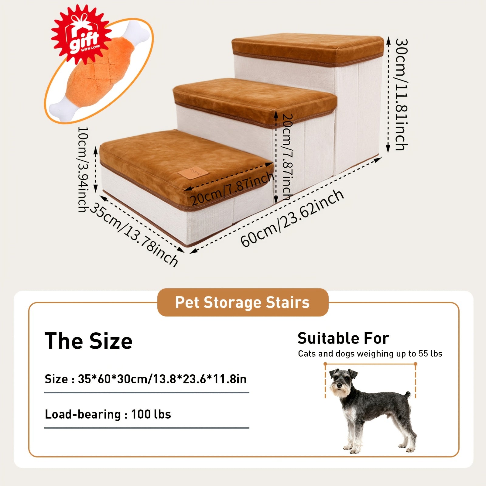 3-Tier Foldable Dog Stairs for Small Dogs Non-Slip Nylon Pet Ramp for High Beds Sofas Compact Foldable Brown White Includes Bonus Plush Toy