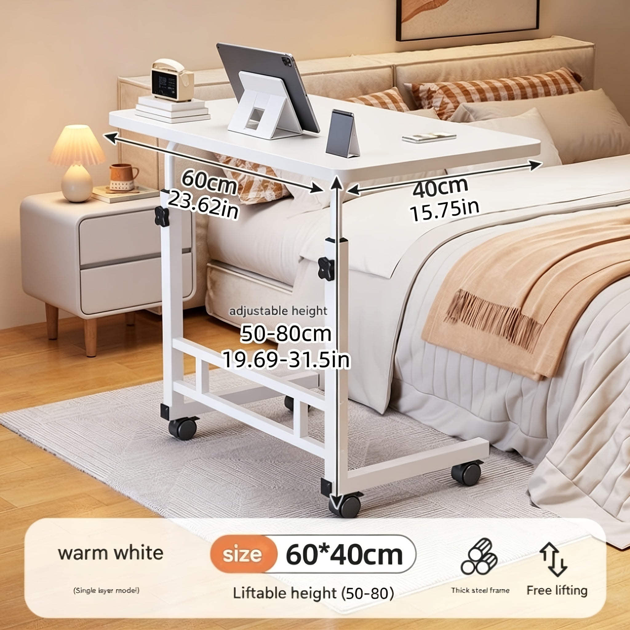Portable Mobile Desk with Wheels & Adjustable Height Lift Table – Small Computer Study Desk for Bedside Sofa Crafts Home Office in Black or White