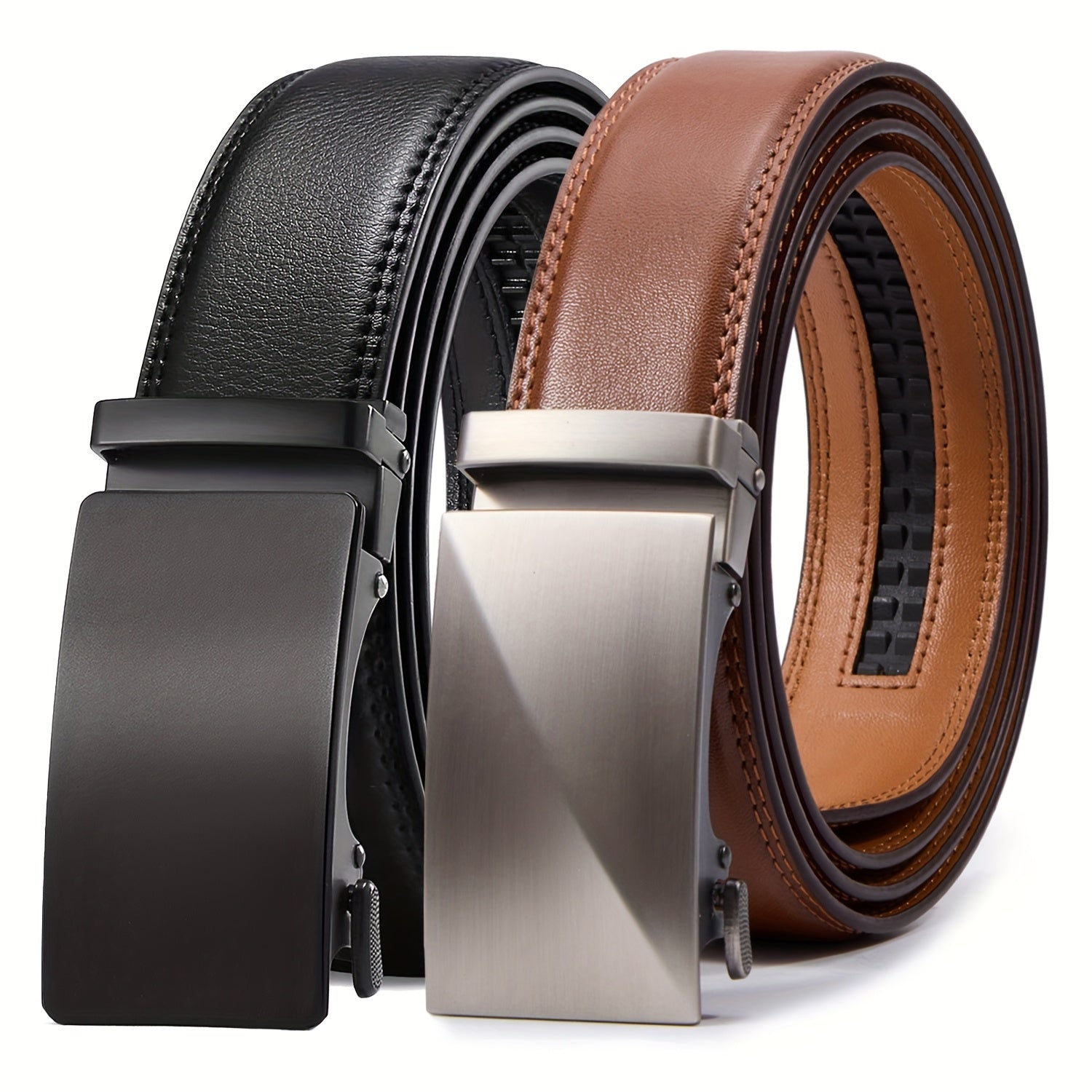 Men's Ratchet Belt 2 Pack Leather – Trim-to-Fit Adjustable Dress and Casual Belt for Men Waist 28" to 52" Black Brown Tan Navy Blue Gift
