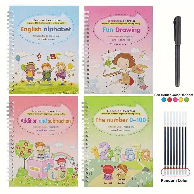 Magic Reusable Calligraphy Handwriting Exercise Books 4-Pack with Water Pen and 8 Refills Kids Writing Tracing Practice Set Mess-Free Eco-Friendly Christmas Birthday Gift for Children